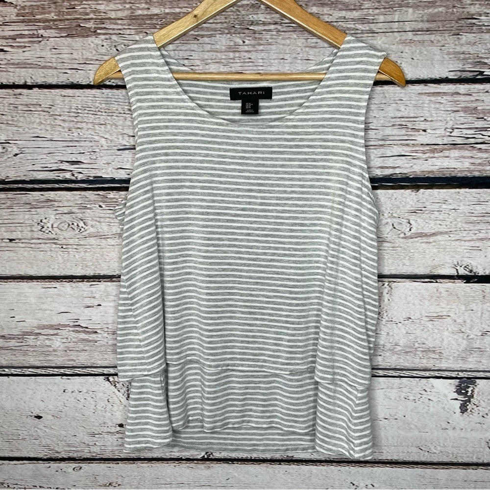 Tahari Gray White Striped Layered Sleeveless Blouse‎ Tank Size Medium in EUC